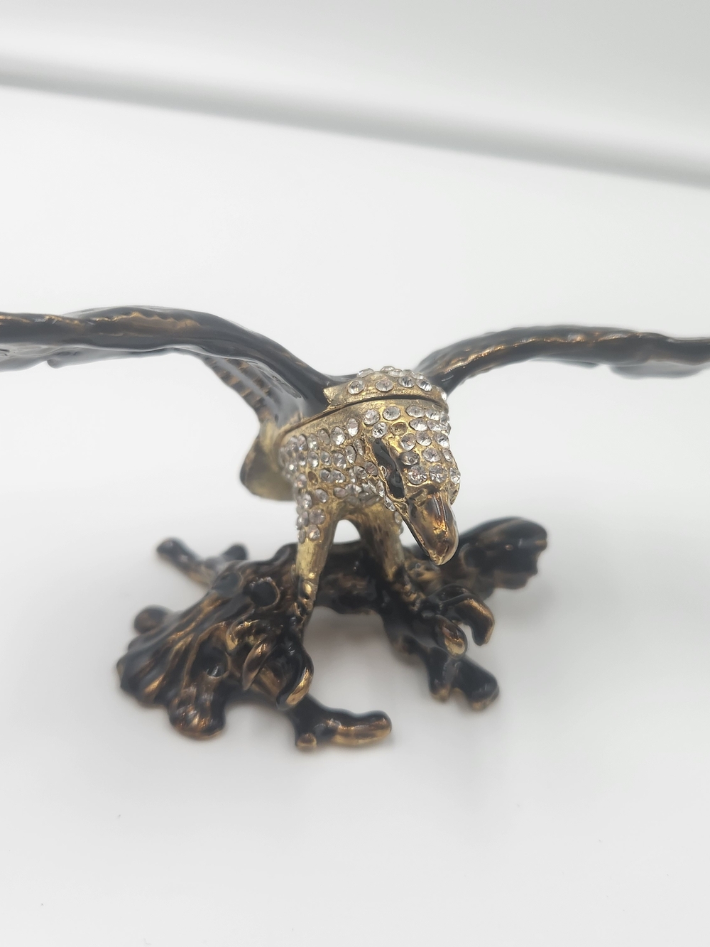 Decorative Eagle Figurine Trinket Box Antique Gold with Crystal Accents